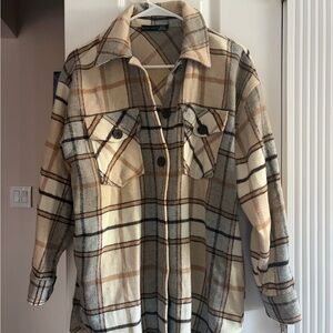 Plaid Button-Up Shacket - Beige and Black